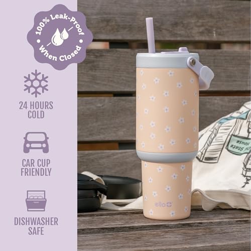 Image of Ello Oasis Go+ 32oz Tumbler with Top Handle and Retracting Straw | Reusable Insulated Stainless Steel Cup, 100% Leakproof Water Bottle, 24 Hours Cold, Cup Holder Friendly For Travel | Daisies