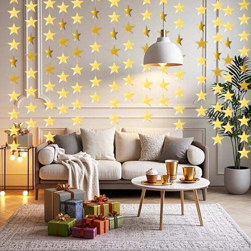Image of Glitter Star Garland Banner Decor 130 Feet Gold Star Garland Hanging Bunting Banner Backdrop for Graduation Wedding Birthday Holiday Party