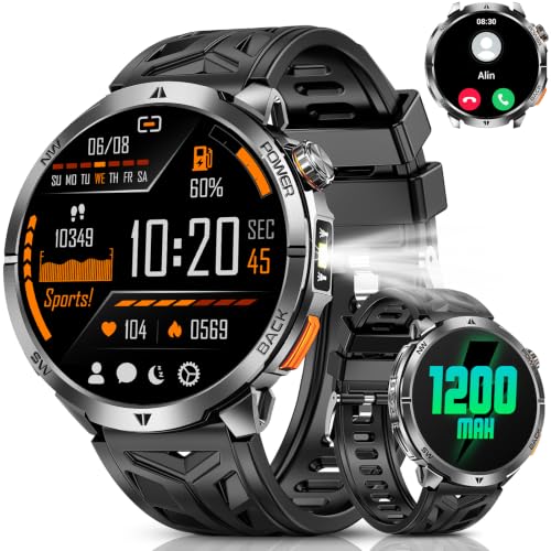 Image of PODOEIL Military Smart Watch for Men, 1.6" AMOLED Smartwatch with 1200mAh Battery, Bluetooth Calling, LED Flashlight, IP68 Waterproof, 100+ Sports Modes, Fitness Tracker for Android & iOS