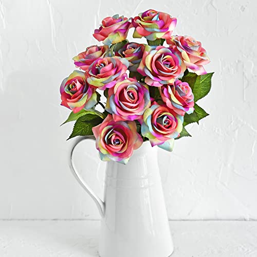 FiveSeasonStuff 10 Stems Real Touch Roses Artificial Flower Silk Roses ‘Petals Feel and Look like Fresh Roses' Bouquet of Flowers Floral Arrangements (Rainbow #17)