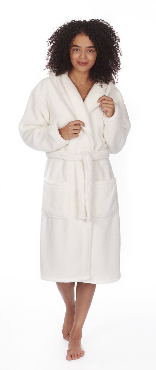Forever Dreaming Ladies Women's Soft Snuggle Fleece Hooded Dressing Gown Robe Nightwear Plus Size Cream