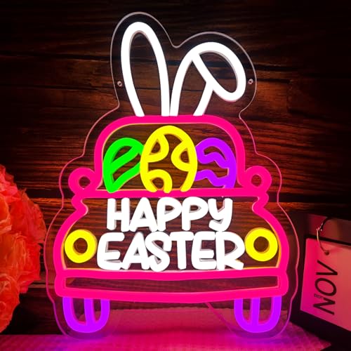 Happy Easter Neon Sign Dimmable Easter Egg Neon Signs for Wall Decor Neon Light Up Sign for Living Room Bedroom Home Holiday Party Decorations Kids Gifts