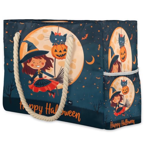 Cute Cat Bat Halloween Beach Bags Waterproof Sandproof for Women, Large with Zipper Pool Beach Tote Reusable Grocery Shoulder Bag for Swim Travel Shopping Vacation Picnic