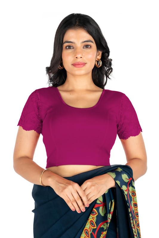 Image of Abhi Cotton Readymade Saree Blouse for Women- Half Net Sleeves, Round Neck, Regular-fit, Stretchable, Pull-on Style Blouse