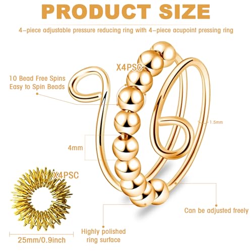 4 Stück Verstellbare Anti Stress Ring, Mit 4 Stück Akupressur Ring, Anxiety Ring, Fidget Ring, Anti Stress Ring, Skills Ring Für Mädchen Und Frauen, Stressabbau Im Alltag, Schule Und Arbeit