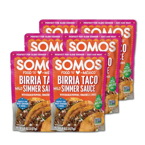 Image of SOMOS Birria Simmer Sauce - Taco Sauce with Guajillo Peppers, Tomatoes, & Mix of Spices - Gluten Free - Plant Based - Non-GMO - All Natural - Great for Beef, Chicken, & More - 8oz (6 Pack)