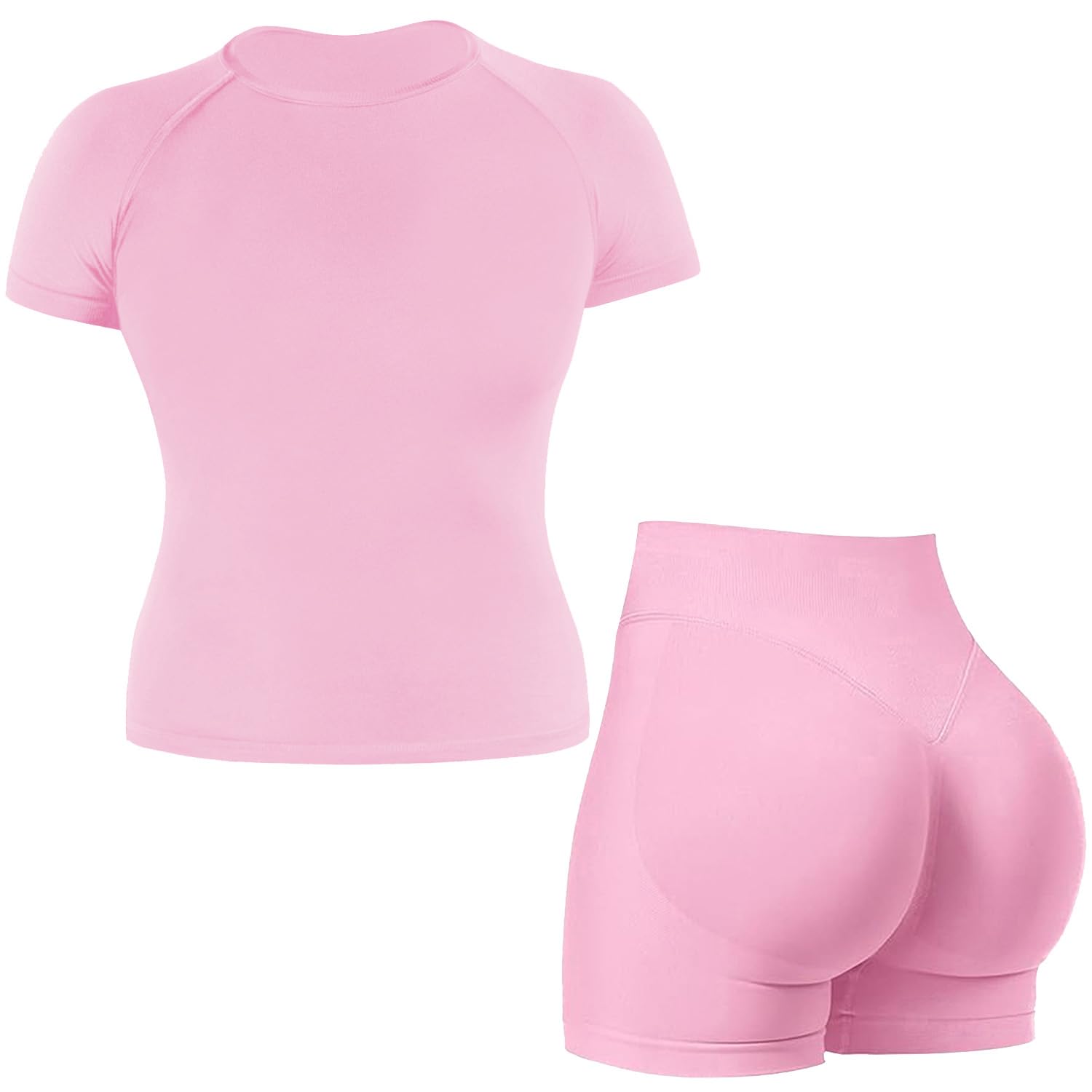 JN JANPRINT Conjunto de gimnasio sin costuras para mujer, 2 piezas, manga corta, pantalones cortos ocultos, trajes de yoga