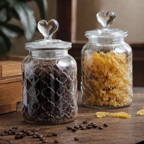Image of MARTVIA Black Glass Food Storage Jars with Glass Lids 1000 ML Set of 6, Love Heart Handle Lid Jar for Home Kitchen,Flour, Sugar, Coffee, Pasta, Oats, Cookies, Snacks (Love 1000ML Jar, SET OF 6)