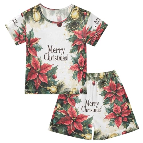 ALAZA Poinsettias Merry Christmas Ball Pajamas Set Short Sleeve Cotton Sleepwear Summer Pjs 2 Piece 5-14Y