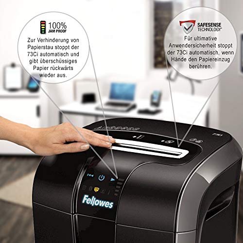 Fellowes 12 Blatt Aktenvernichter, Partikelschnitt (P4) Papierschredder für Büro, Powershred 73Ci, Schredder mit 100% staufrei Technologie, Safesense, Energiesparsystem, 23L Papierkorb, CD Schredder