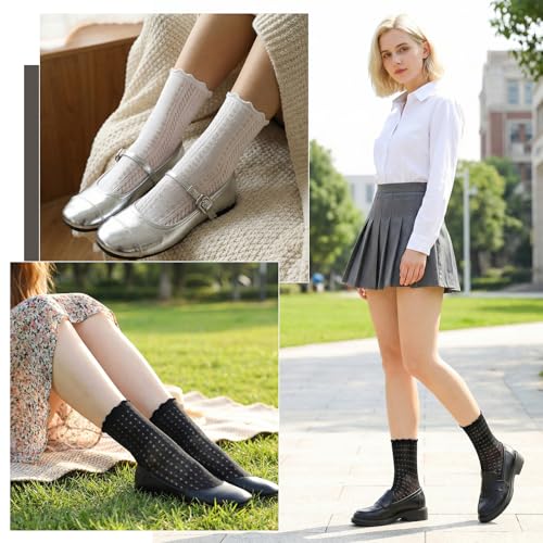 Image of Jspupifip 6 Pairs Lace Ruffle Frilly Crew Socks for Women Girls | Cotton Breathable Cute Princess Ankle Dress Lace Socks Thin Cool Casual Socks