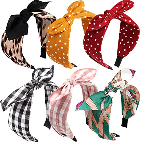Bow Headbands For Women, Fashion Polka Dot Headbands With Rabbit Ears, Vintage Wide Bunny Headbands With Bow For Hair, Knotted Headbandsturban Headbands For Women Plaid Leopard Headbands (6 Pcs) #TOP8