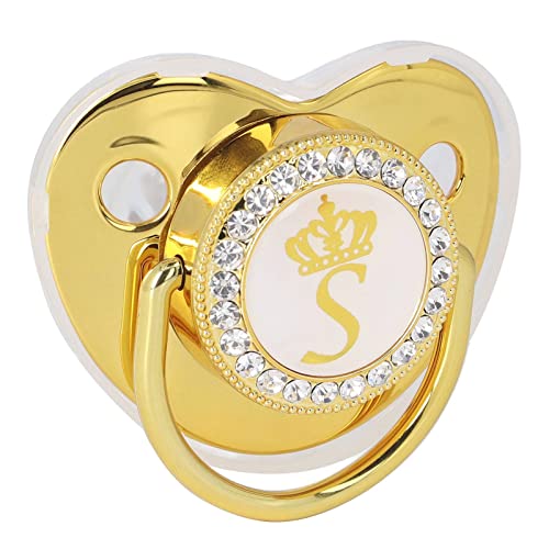 Image of Baby Pacifier,Rhinestone Night Pacifier with Chain Clip,Portable Exquisite Golden Crown Letter Cute Pacifier for Infant (S)