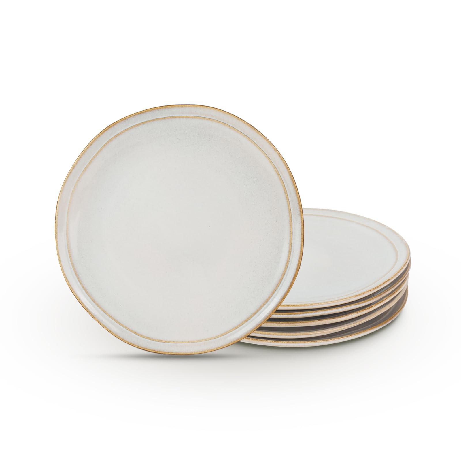 famiware Salad Plates Set for 6, Aegean 8.25-Inch Stoneware Dinner Set for Appetizer, Pasta, Bread, Dessert - Scratch Resistant, Microwave and Dishwasher Safe, Irregular Round, Cappuccino White