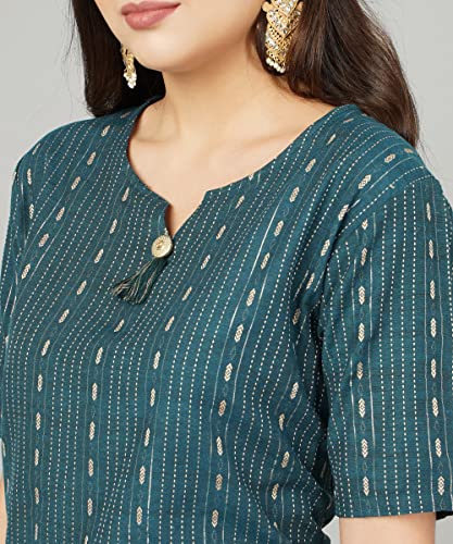 Image of Cotton Dobby Woven Design V- Neck Elbow Sleeves Knee Length Kurta for Women's