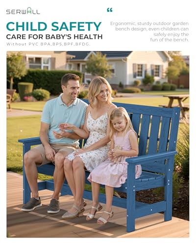 Image of SERWALL HDPE Outdoor Bench with Cup Holder Oversized 58 inch Porch Bench, Navy
