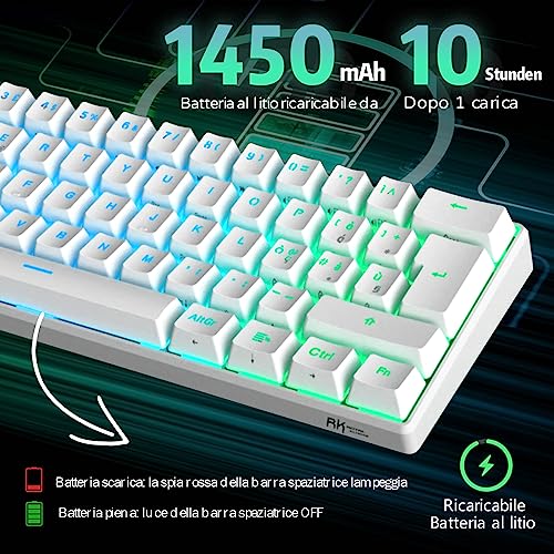 RK61 Tastiera Gaming Meccanica, 60% Tastiera Wireless 2.4Ghz/Bluetooth/USB-C RGB Backlit Interruttore Rosso Hot Swap Double-Shot ABS Keycaps Compatibile con Win/Mac, Bianco (QWERTY Layout Italiano) - Tastiera gaming - Immagine 5