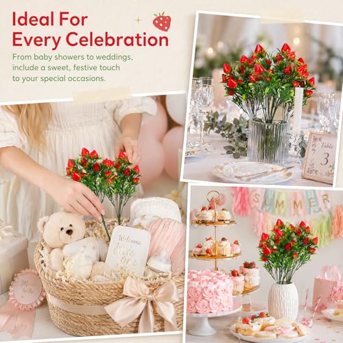Image of DOITOOL 9 Pcs Artificial Strawberries for Decor, 11.8 inch Fake Strawberry Branches Flowers Bouquet Vivid Faux Strawberry Stems for Home Vase Table Centerpiece Spring Summer Decor