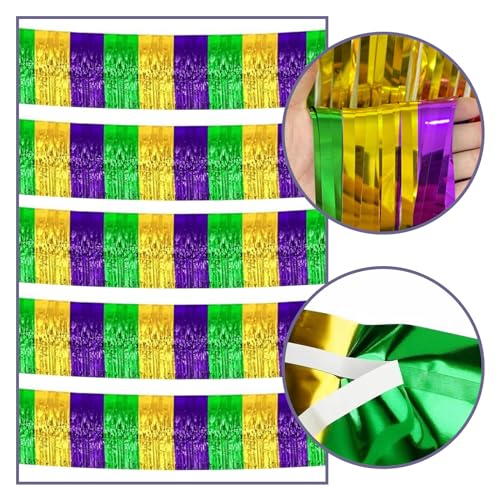 Image of 5 Pack 10 Feet Mardi Gras Foil Fringe Garland Mardi Gras Parade Float Fringe Metallic Streamers Tinsel Fringe Banner for Birthday Party Decor St Patrick Halloween Christmas Decoration