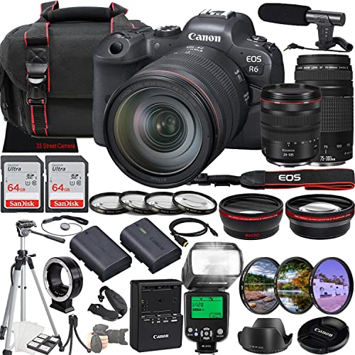 Canon EOS R6 Mirrorless Camera w/RF 24-105mm f/4 L is USM Lens + EF 75-300mm f/4-5.6 III Lens + 2X 64GB Memory + Microphone + Filters + TTL Flash + More (35pc Bundle)