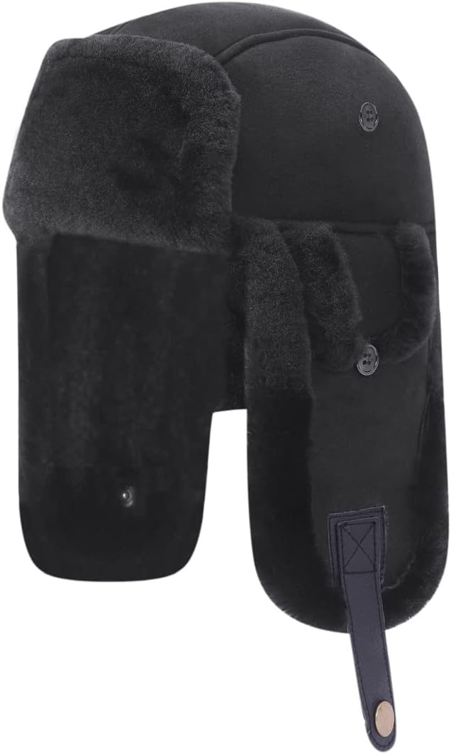 Harssidanzar Aviator Hat for Men Women Genuine Sheepskin Shearling Leather Winter Warm Trapper Hat CU603US - Image 5