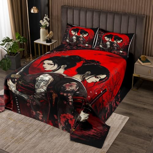 Japanese Woman Bedspread King Size,Japanese Samurai Theme Bedding Quilt,Vintage Ukiyoe Style Comforter Set for Kids Girls Boys Adult Room Decor,Exotic Traditional Red Black Coverlet Sets 3Pcs