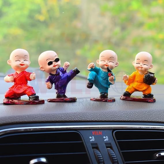 MARK INDIA, Synthetic Resin Karate Kid Buddha for Car Dashboard, Monk Baby Statue Showpiece (Small) - Set of 4 (Latest Karate Monk)