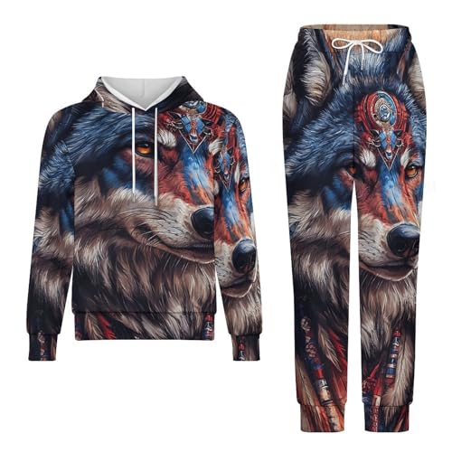 Boys Girls Pullover Hoodie Jogger Pants Kid Outfit Sweatshirt Sweatpants Set, Native American Wolf Spirit4