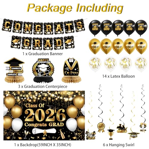 Image of DARUNAXY Black Gold Graduation Party Decorations, Gold Class of 2026 Graduation Banner, 2026 Congrats Grad Honeycomb Hanging Swirl Confetti Balloon Congratulations Graduates Party Supplies(25PC)