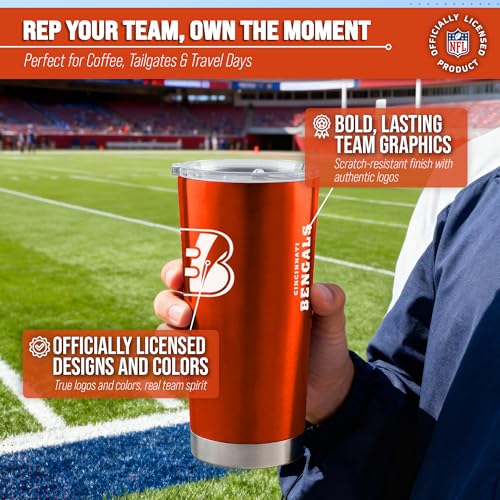 Image of Cincinnati Bengals NFL 20oz Stainless Steel Insulated Tumbler, Slider Lid | Officially licensed Bengals drinkware; double-wall vacuum construction; cupholder compatible; BPA-free; hand wash only
