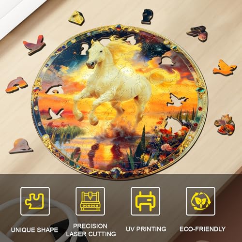 Wooden Puzzle for Adults, Sunset Horse Wooden Jigsaw Puzzle 200 Piece, Unique Shape Wooden Puzzles, Challenging Running White Horse Jigsaw Puzzles for Adults Family Game Night Wall Art Decor 11*11in — view 6