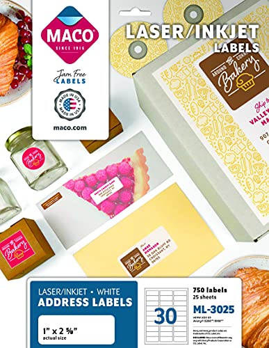 Maco Laser/Ink Jet White Address Labels, 1 X 2-5/8 Inches, 30 Per Sheet, 750 Per Pack (Ml-3025) (Macml3025) #TOP20