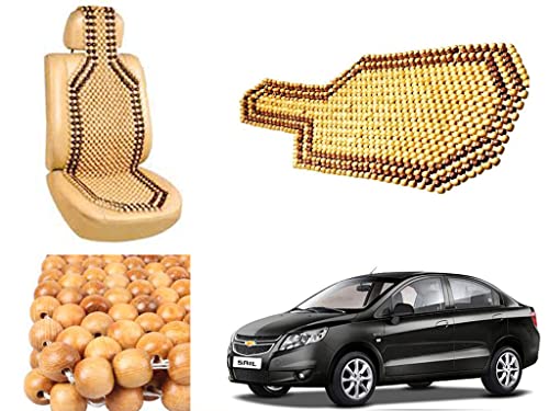 Image of Car Bead Seat Wooden Beads Cushion Cover Pad for Chevrolet Sail Sedan, Acupressure Sitting Seat Cover | Cream Color - Pack of 1