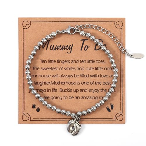 Mikovivi Pulsera Para Mamá Primeriza, Pulsera con Colgante de Pies de Bebé de Plata con Tarjeta Delicada Joyería con Pies de Bebé Regalo para El Día de La Madre para El Primer Año