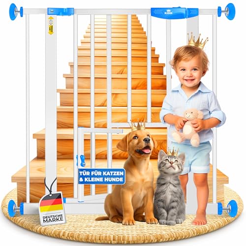 KIDIZ Absperrgitter zum Klemmen mit Katzenklappe, Türschutzgitter, Autoclose Kinder Treppengitter ohne Bohren | 90° Stopp Schutz, schwenkbar,...