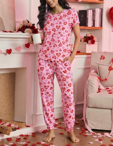 Image of Ekouaer 2 pack Womens Pajama Short Sleeve Jogger Pants Pjs Lounge Set | Pajama Sets with Pockets Comfy Sleepwear for Daily Wear, Sleep, Home, Sport, Workout