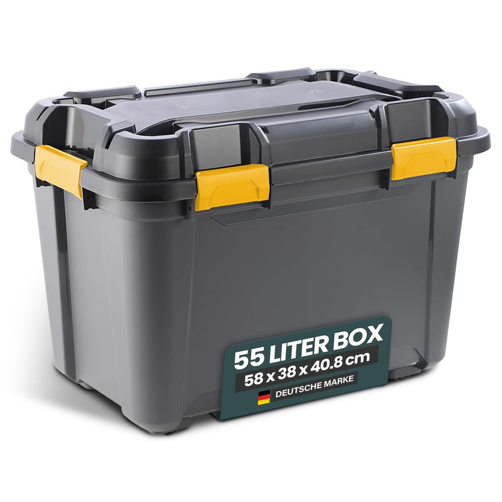 Kreher® Bunker Tough Aufbewahrungsbox 55L - 58 x 38 x 40,8 cm - IP67 wasserdicht & staubdicht, UV-beständig, schlagfest - Ideal für Werkzeug, Garage, Camping, Outdoor & Haushalt - 3 Stück