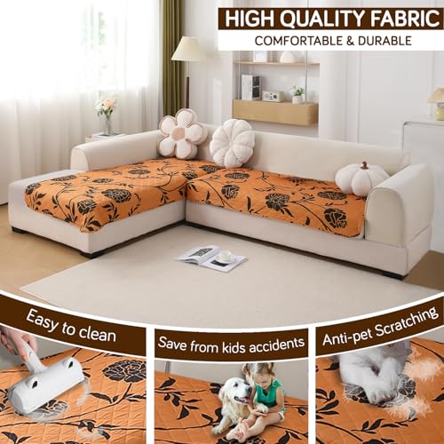 Image of HOKIPO 'Elira Series' Printed Water Repellent + Waterproof Quick Dry L Shape (2+2 Seater) Sofa Seat Cover Mat, Copper Brown Floral (AR-5245-C8 + AR-5246-C8)