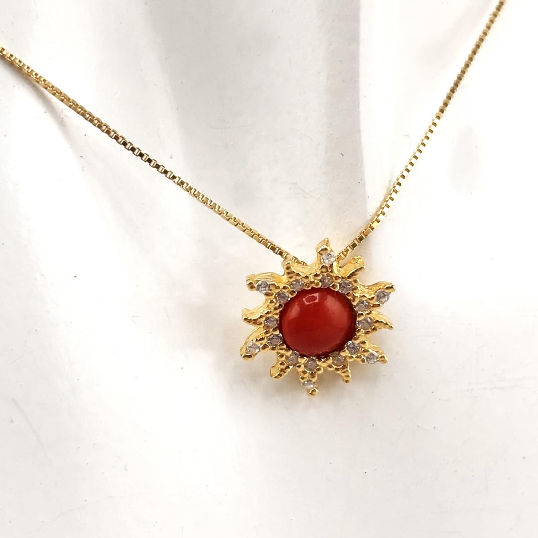Catenina veneziana in argento 925 dorato ciondolo pendente sole con corallo rosso naturale argento e zirconi bianchi incastonati gioiello unico artigianale made in italy