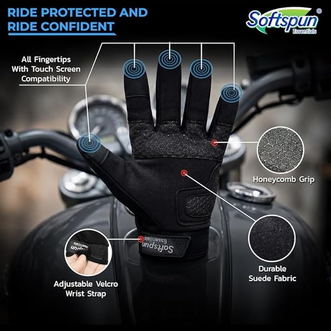 Image of SOFTSPUN Essentials Motorcycle Riding Gloves for Men & Women | Touchscreen Bike Gloves with Hard Knuckle Protection | Breathable Anti-Slip Sports Safety Gear for Biking, Cycling & Racing (Medium)