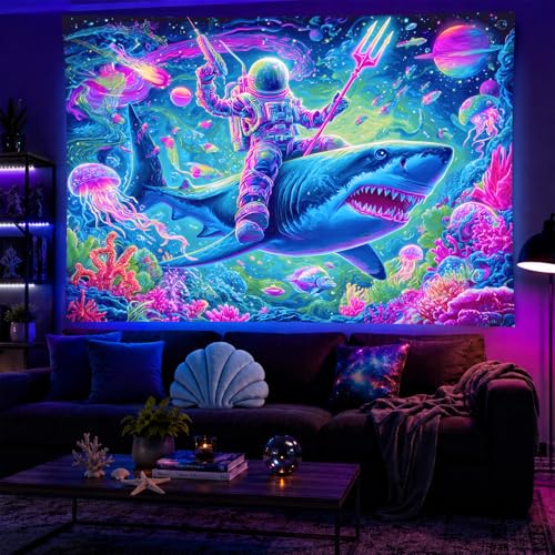 Image of BlissYard Neon Space Astronaut Shark Black Light Tapestry UV Reactive Psychedelic Underwater Galaxy Wall Hanging for Living Room Bedroom Dorm Room Bar Party Decor 78x59 Inch