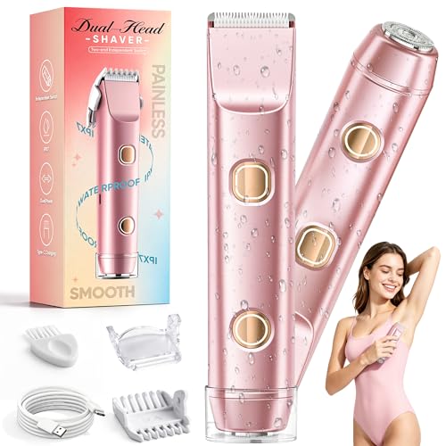 Bikini Trimmer for Women, Electric Razor & Shaver with Dual Ceramic Blades, Painless Hair Removal for Face, Body & Intimate Areas, 90min Cordless Runtime, Waterproof Travel Grooming Kit (Pink)