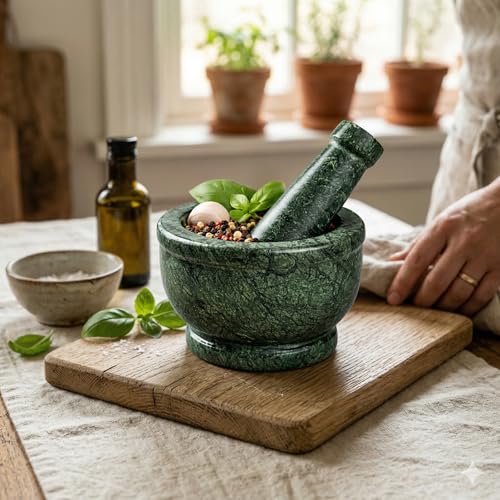 Image of Granite Green Marble Mortar and Pestle Set 5 Inch, Silbatta for Chutney, Kundi Sota, Khalbatta Stone, Imamdasta, Okhli Musal Kitchen Tool for grinding ingredients.