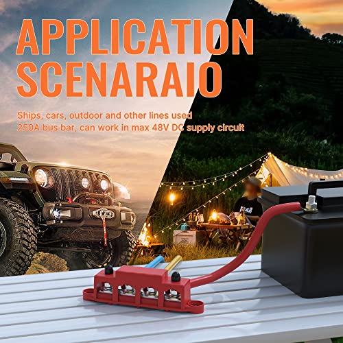 Joinfworld 5/16" Power Distribution Block 250A 12V Bus Bar 4 Post Junction Block Automotive Marine Battery Busbar Terminal Block With Cover 12 Volt Negative&Positive #TOP5