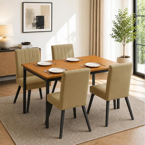 Image of Rosebell Set of 4 Dining Table Chairs with Wooden Top Table, Upholstered Cushioned Chairs, Modern Compact Dining Set for Home, Kitchen & Dining Room (Golden)