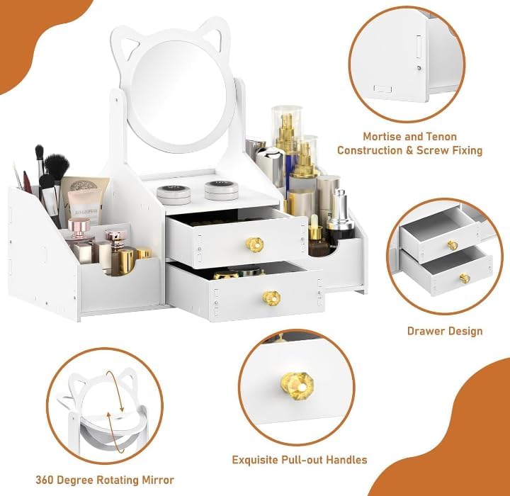 Image of PLUSPOINT Makeup Desk Cosmetic Storage Box DIY-Organizer with Mirror & Drawers for Dressing Table, Vanity Countertop, Bathroom, Stationery, Makeup Organizer for Women and Girls