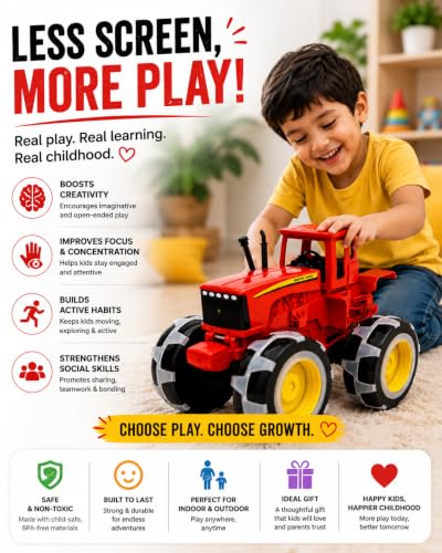 Image of Kids Tractor Toy with Monster Wheels | Friction Powered Farm Vehicle for for Toddlers Boys Girls | Safe ABS Plastic Construction | Educational Gift for Boys & Girls 3+ Years | Red