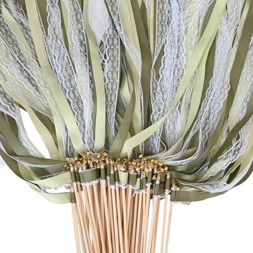 50Pcs Ribbon Sticks Wands Streamers with Bells Silk Fairy Lace Stick Party Ribbon Streamers for Wedding Party Birthday and Holiday Activities-Green