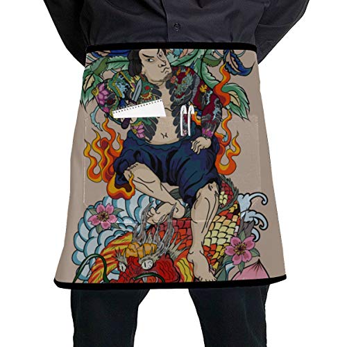 Yushg Delantal de Camarera Personalizado Tatuajes Tradicionales en Japón Delantal de Cintura para niños con Bolsillo Grande Unisex para Cocina Elaboración de Dibujo de Barbacoa