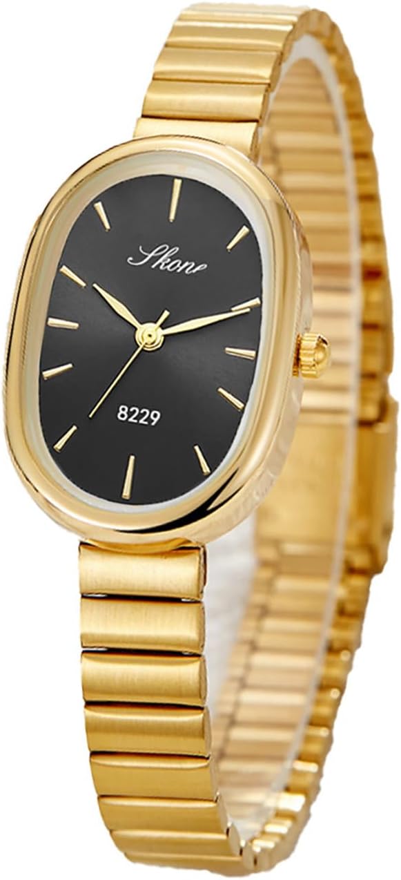Elegant Oval Gold Watches for Women Easy Reader Watch Fashion Women Stainless Steel Exquisite Wristwatch (Black)